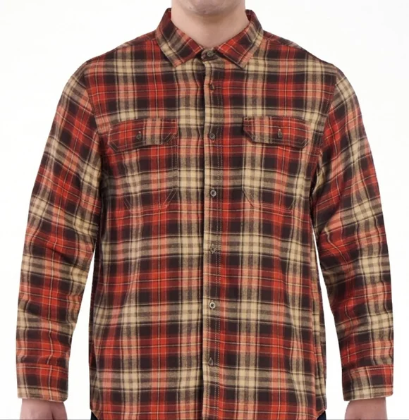 George Men's Button Down Red Tan & Black Plaid Flannel Double Pocket Shirt-SZ:M - Picture 14 of 16